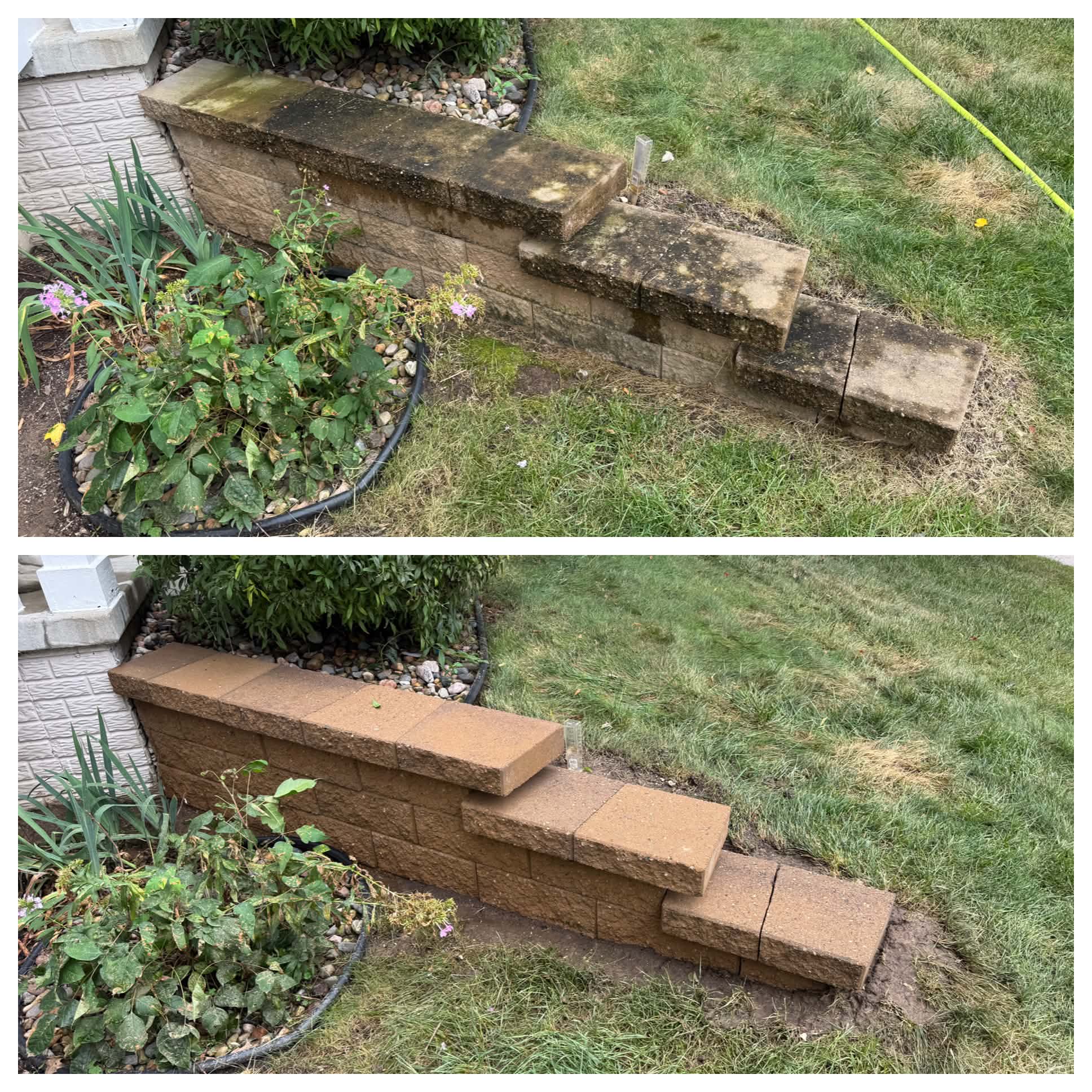 Retaining Wall Cleaning — before and after